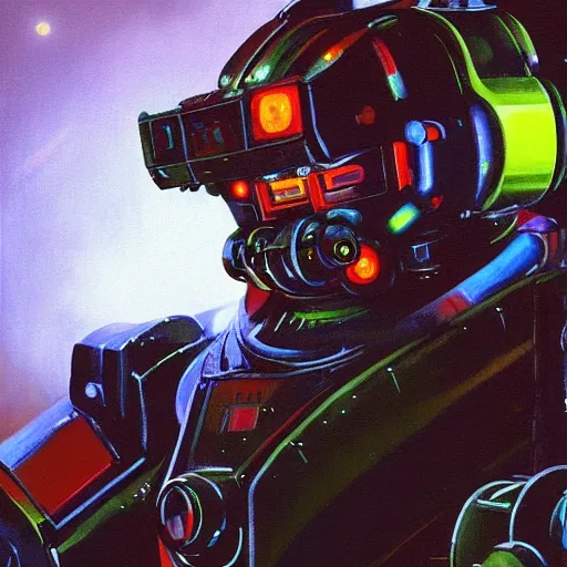 Image similar to a dark and colorful close - up of a sci - fi mecha bear robot with led lights glowing fog in the background. highly detailed science fiction painting by norman rockwell, frank frazetta, and syd mead. rich colors, high contrast, gloomy atmosphere, dark background. trending on artstation