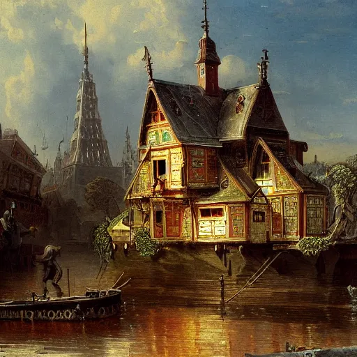 Prompt: detailed painting of a living capsule architecture with satellite, filigree ornaments, andreas achenbach