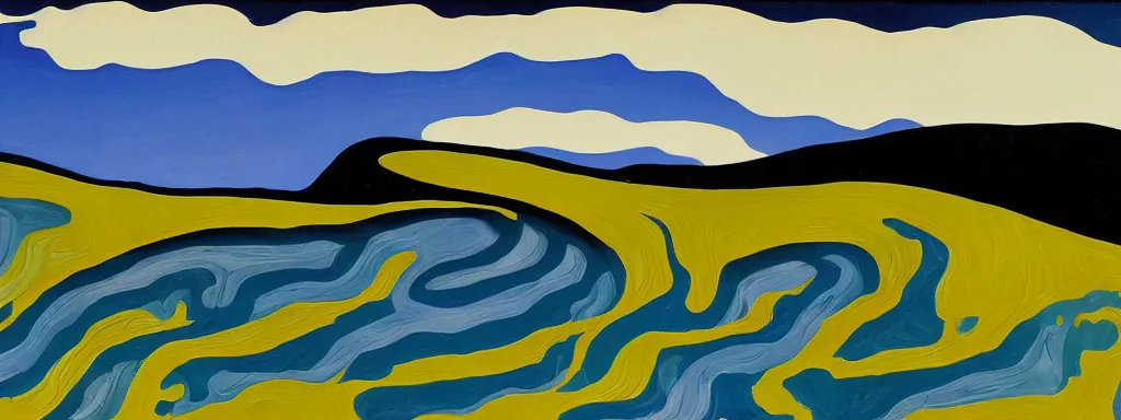 Image similar to Psychedelic sci-fi dreamworld. Landscape painting. Organic. Winding rushing water. Waves. Clouds. Landscape by Alex Katz.