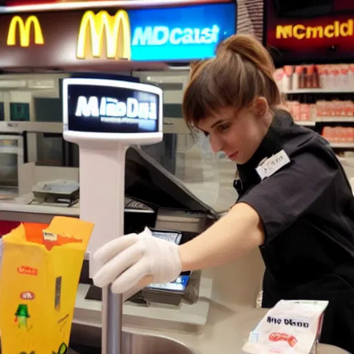 Prompt: a humanoid cat working on mcdonalds helping people at the register
