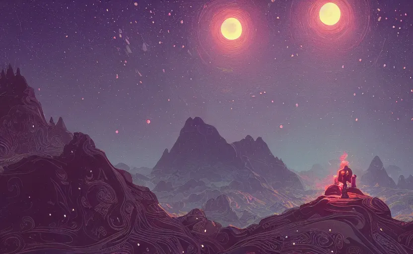 Prompt: mountains, stars and paisley filled sky, artstation, intricate, highly detailed, digital painting, concept art, sharp focus, illustration by Simon Stalenhag and Alphonse Mucha