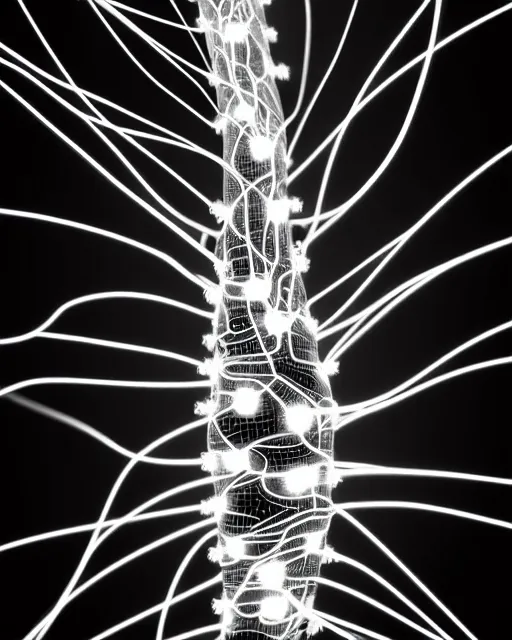 Image similar to black and white connected cyborg - plant goddess high quality photo, microchip, artificial intelligence, bio - mechanical bio - luminescence, black wired cables, neurons, nerve cells, cinematic, rim light, photo - realistic, elegant, high detail, 8 k, masterpiece, high fashion, in the style of man ray