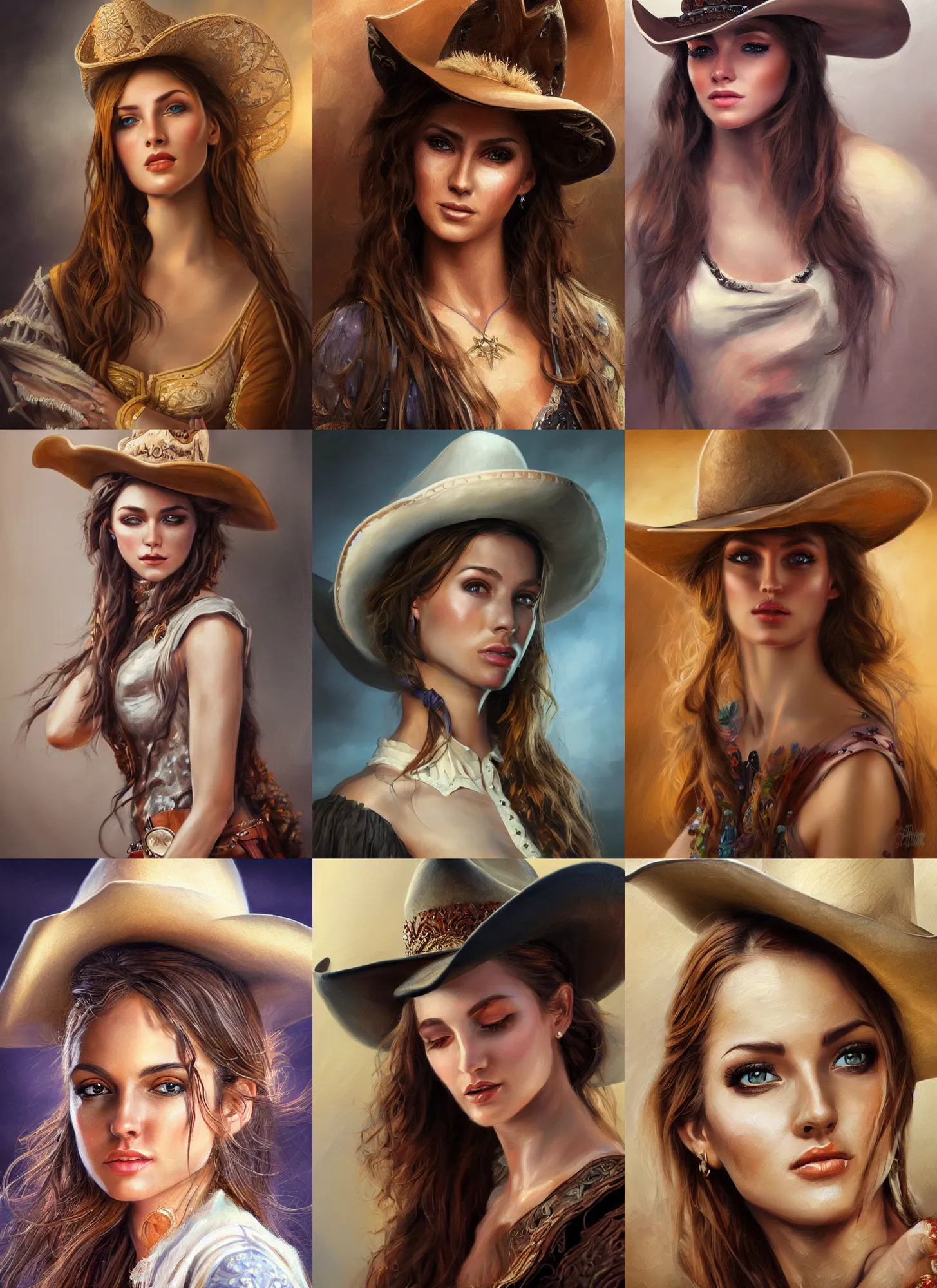 Prompt: detailed full body concept oil painting of a cowgirl beautiful face, elegant pose, fantasy illustration, insanely detailed and intricate clothing, soft lighting, soft focus