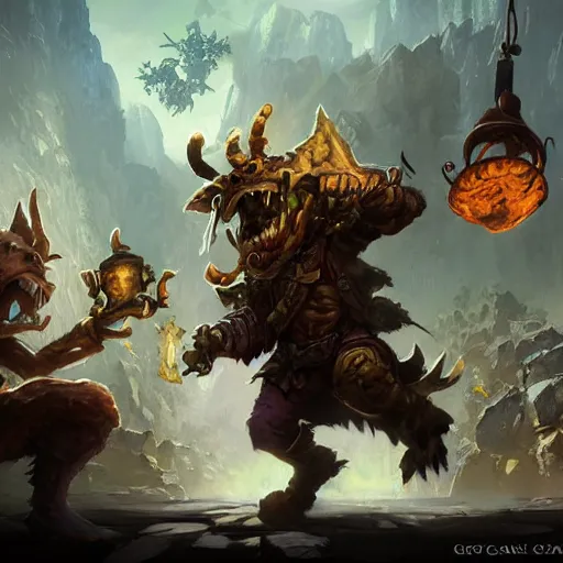 Image similar to goblin steal a bag of gold coins, hearthstone art style, epic fantasy style art by Craig Mullins, fantasy epic digital art, epic fantasy card game art by Greg Rutkowski