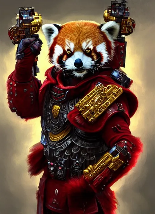 Prompt: red panda as warhammer 4 0 k!! emperor, gold, ruby gems, portrait, intricate, elegant, highly detailed, digital painting, artstation, concept art, wallpaper, smooth, sharp focus, illustration, art by h. r. giger and artgerm and greg rutkowski and alphonse mucha