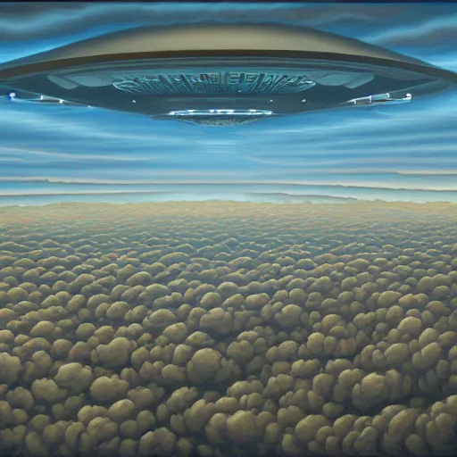Image similar to prompt : big alien spaceship shaped like cloud hanging above city by jeffrey smith, oil on canvas
