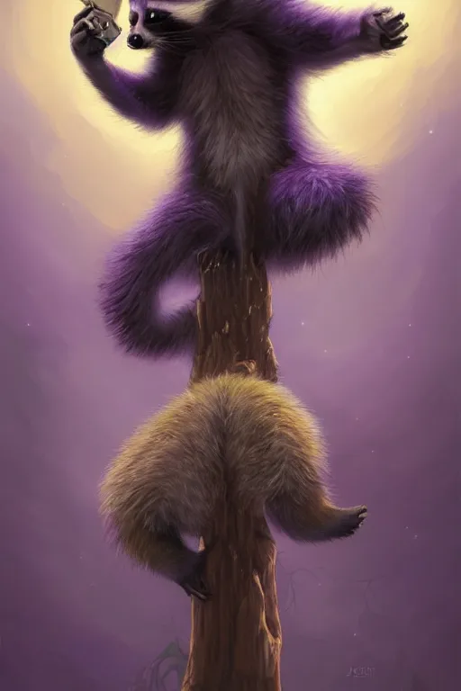 Prompt: purple stelar raccoon by andreas rocha and john howe, and Martin Johnson Heade, featured on artstation, featured on behance, golden ratio, f32, well composed, cohesive