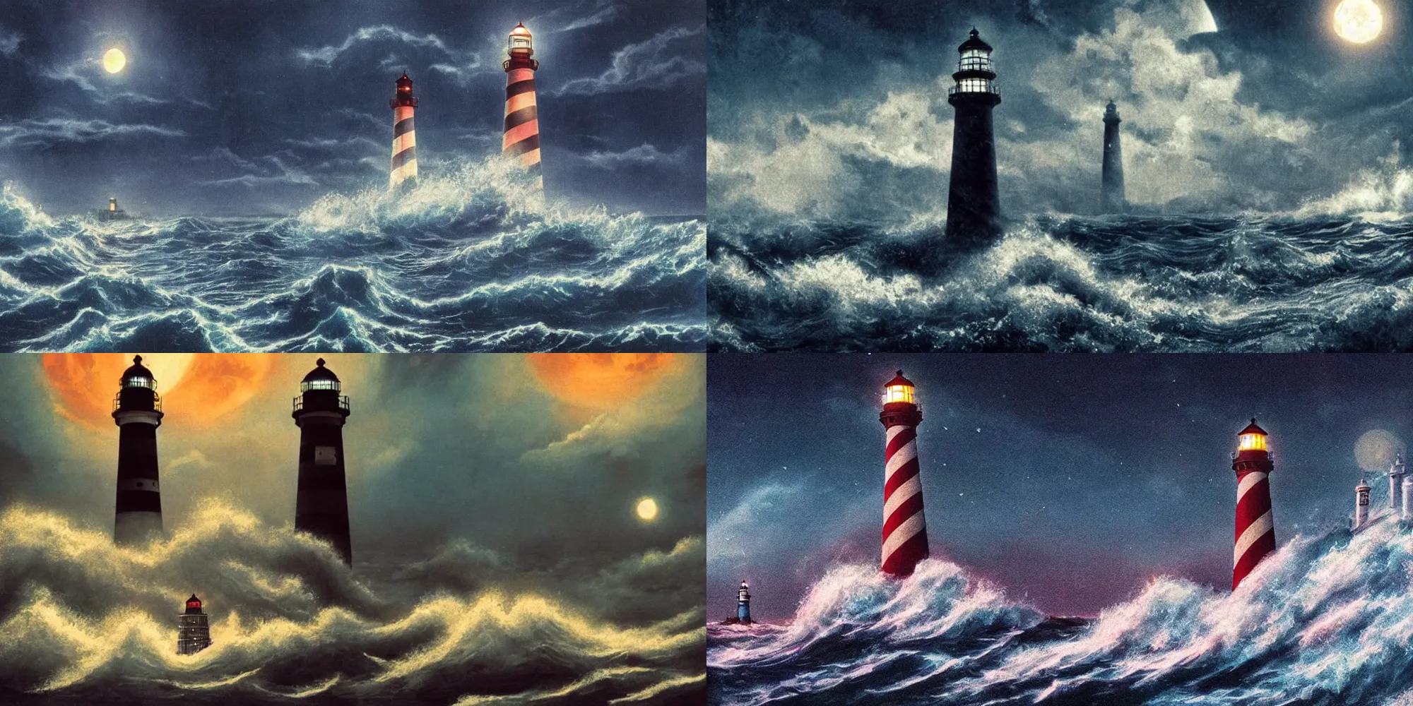 Prompt: a lighthouse on a raging sea at night, moonlight shining through the clouds, BioShock, 80s sci fi, Retro Futurism Art