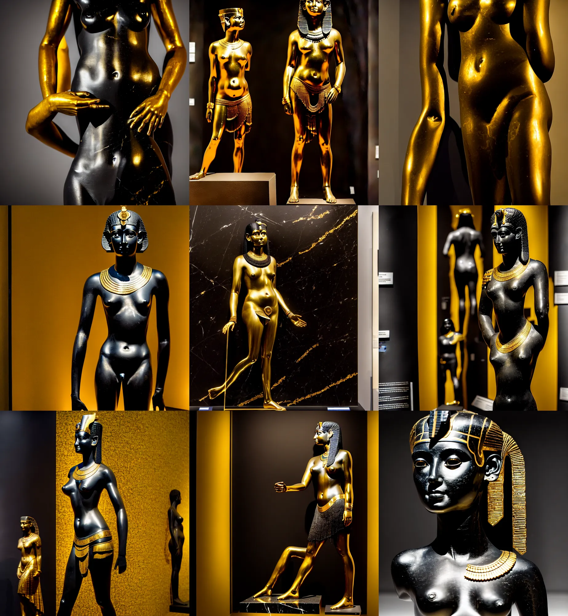 Image similar to a photo at the museum showing a black marble and gold full body sculpture of cleopatra. good quality, good light, anatomically correct, 8 k