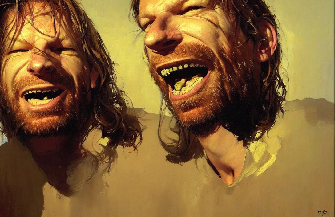 Image similar to portrait of aphex twin!!!!!!!!!!!!!!!!!!!!!!!!!!!, detailed face, detailed painting,, epic lighting, by ilya repin, phil hale and kent williams