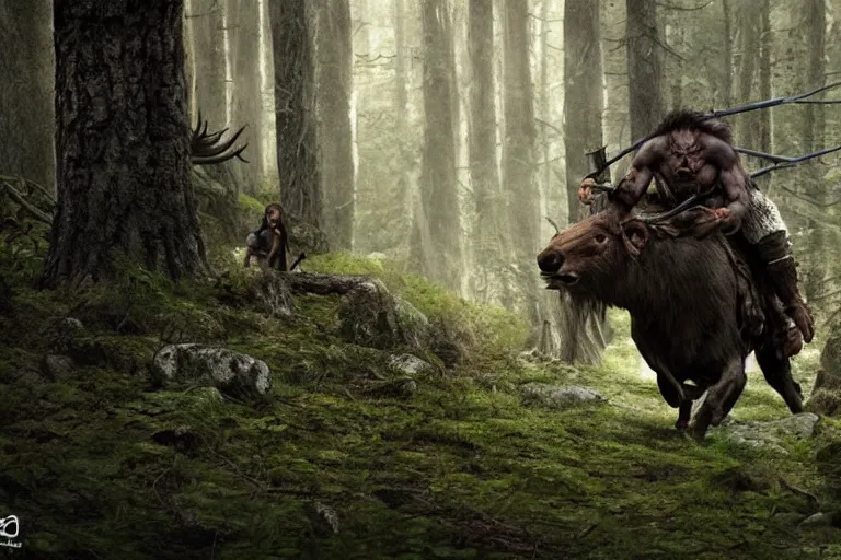 Image similar to vfx movie closeup detailed ancient warrior orc hunting elk in the forest, natural lighting by emmanuel lubezki