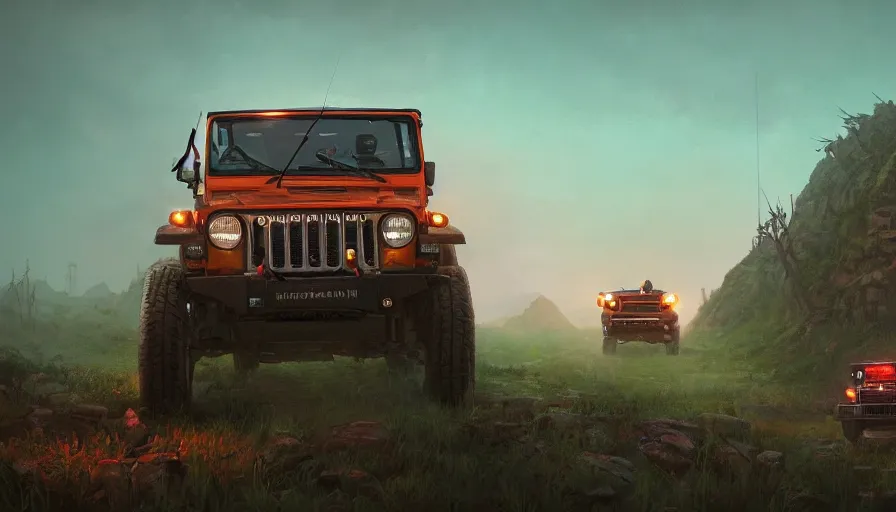 Image similar to Mahindra thar, tribe members watching nearby, an epic fantasy, dramatic lighting, cinematic, establishing shot, extremely high detail, photorealistic, cinematic lighting, artstation, by simon stalenhag, horizon forbidden west