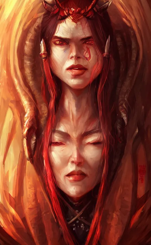 Image similar to face portrait of dragon kin woman, with pretty red ruby eyes, dynamic lighting, fantasy concept art, trending on art station, stunning visuals, creative, cinematic, ultra detailed