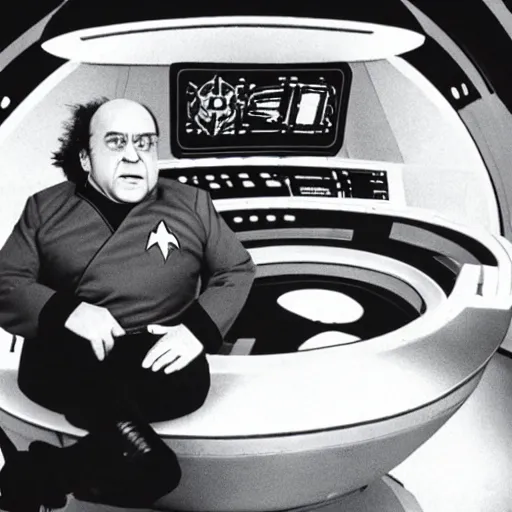 Image similar to captain danny devito sitting in the captains chair of the USS Enterprise, Star trek, still, star trek the next generation