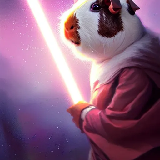 Image similar to cute anthropomorphic guinea pig full as an jedi in a spaceship, body portrait, divine lightning, by greg rutkowski, by charlie bowater