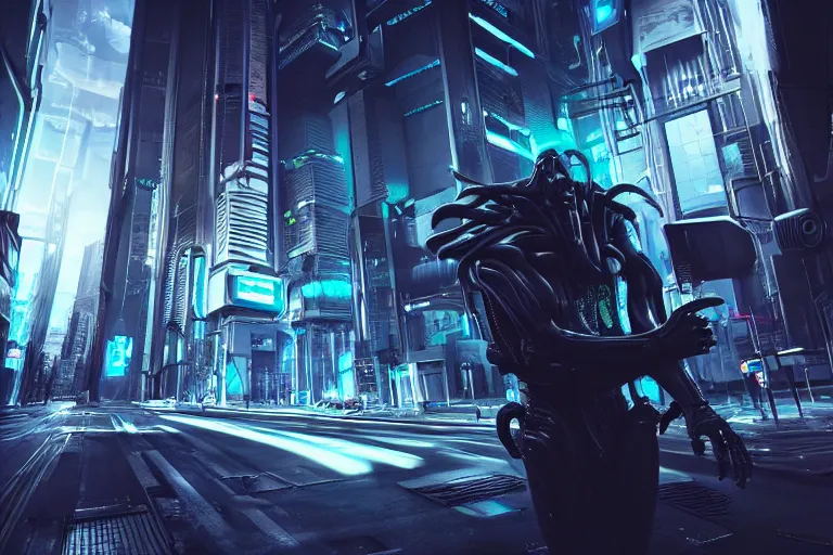 Image similar to cyberpunk alien concept inspired street, futuristic look, highly detailed body, very powerful, photorealistic camera shot, bright studio setting, studio lighting, crisp quality and light reflections, unreal engine 5 quality render