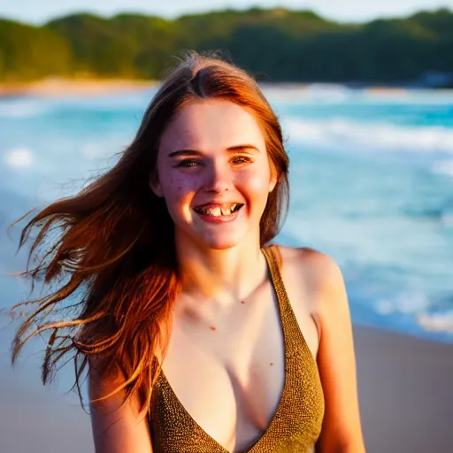 Image similar to A cute and beautiful young woman with long shiny bronze brown hair and green eyes, cute freckles, smug smile, golden hour, beach background, medium shot, mid-shot,