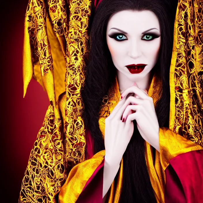 Image similar to professional photograph of a beautiful vampire queen with ornate robes. extremely detailed. dslr. 5 0 mm 8 k