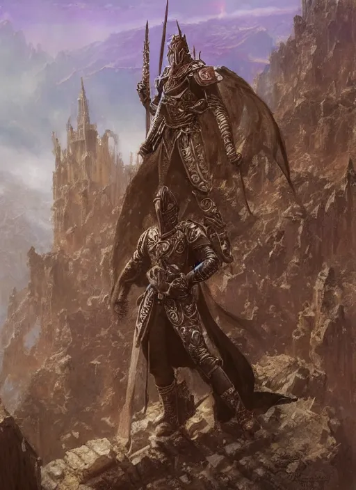 Prompt: The Eldritch Knight standing atop the ruins of a kingdom, full body fantasy art by Donato Giancola, Craig Mullins, digital art, trending on artstation