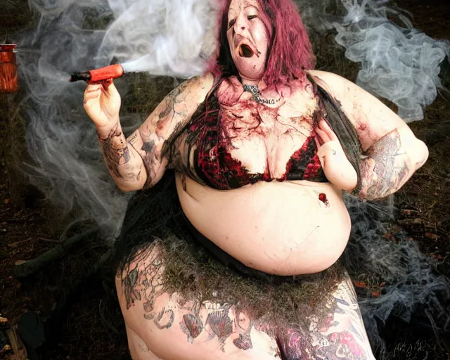 Prompt: fat smelly putrid witch smokin bong. she is rotting.