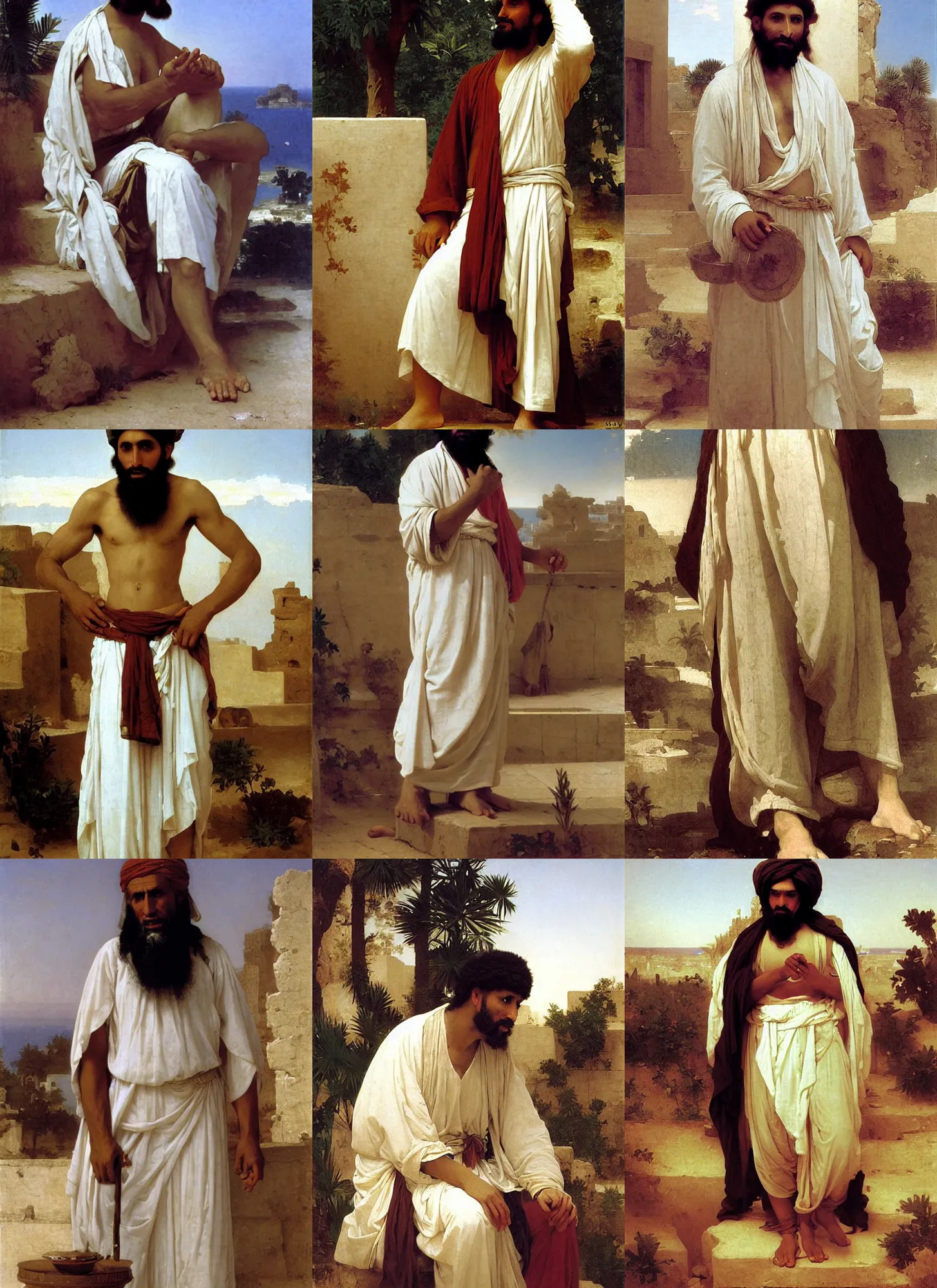 Prompt: ancient libyan man, white skirt, orientalism, bouguereau