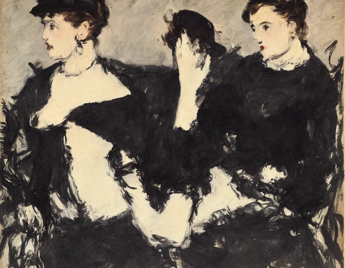 Image similar to edouard manet. a wide portrait of a woman all dressed in black, she is in profile turned her head towards the camera. seated on a dark motorcycle on a highway. there is another motorcycle blurred in the background. unprecise brush strokes. expressive. emotional.