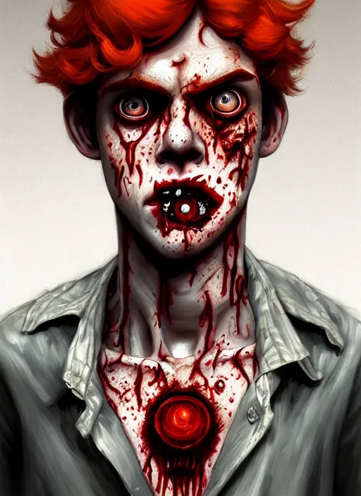 Image similar to portrait of zombie teenage archie andrews, red hair, curly hair, curly middle part, freckles, photorealistic, zombie, rotting skin, blind eyes, white eyes, zombie, intricate, elegant, orange, glowing lights, highly detailed, digital painting, artstation, concept art, sharp focus, illustration, art by wlop, mars ravelo and greg rutkowski