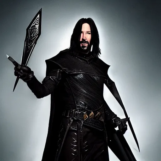 Image similar to keanu reeves as a shadowy fantasy elf elven warlock with dark magical armor and pointy ears