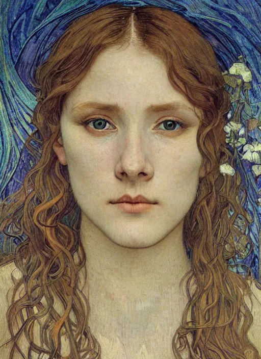 Image similar to detailed realistic beautiful young medieval queen face portrait by jean delville, alphonse mucha, vincent van gogh, and marco mazzoni, art nouveau, symbolist, visionary, gothic, pre - raphaelite