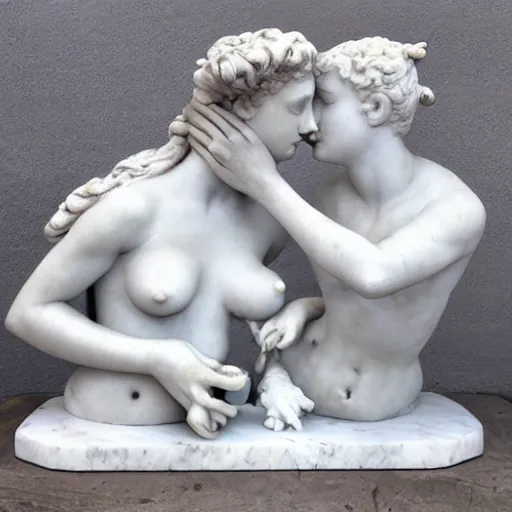 Prompt: sculpture of venus de milo and aphrodite kissing hyperrealistic style in carrara marble