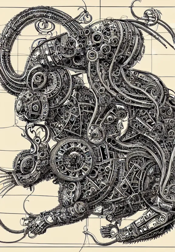 Image similar to schematic blueprint of highly detailed ornate filigreed convoluted ornamented elaborate cybernetic rat, art by da vinci