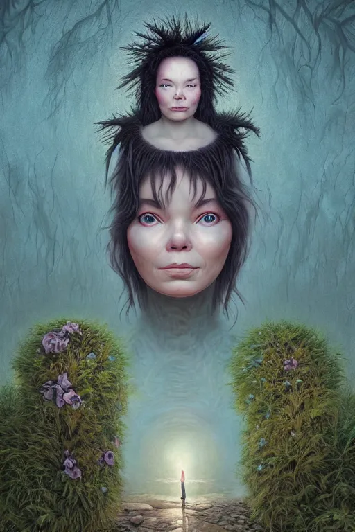 Prompt: 2 0 year old bjork portrait by hubert robert and lee madgwick and roger dean and jacek yerka, dan mumford and alex grey style, soft lighting, 4 k hd wallpaper illustration concept joy atmospheric lighting