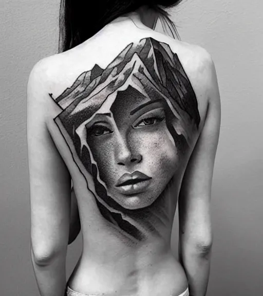 Prompt: tattoo design sketch of a perfect woman face with a faded background of beautiful mountains and nature on her side, hyper - realistic, in the style of den yakovlev, amazing detail, black and white