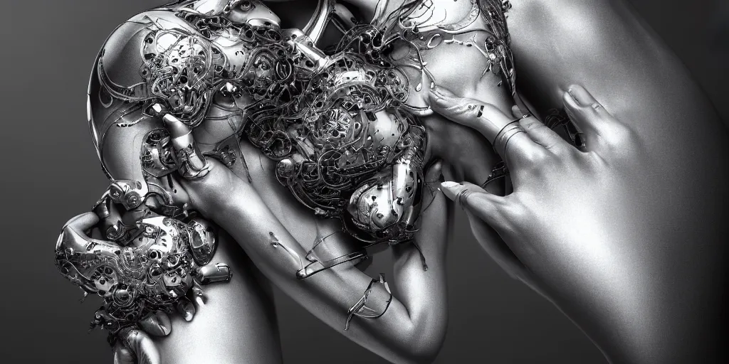 Image similar to hyper realistic photography of a stunningly beautiful cyborg female, elbow, thy, intimate, holding close, reflective chrome in the style of beth cavener, jin kagetsu,, and wlop, highly detailed, intricate filigree,, masterpiece, award winning, sharp focus, concept art, ringflash lighting, ambient lighting, octane render, 8 k, artstation