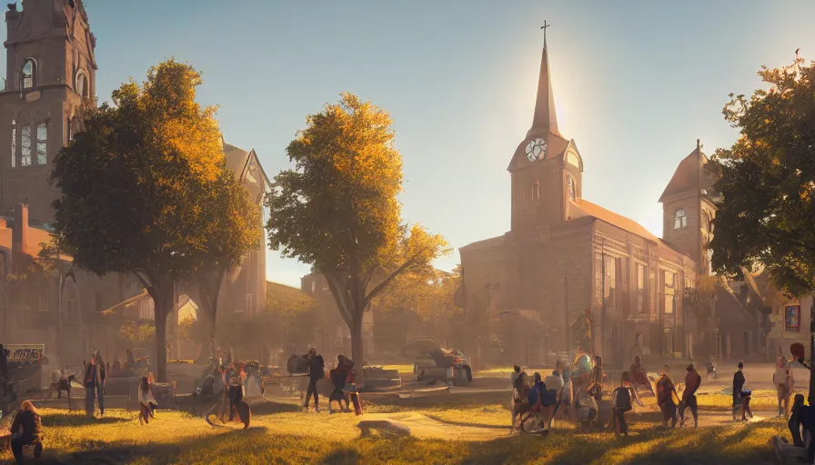 Image similar to midwest town with church, square, trees, sunny day, volumetric light, people on streets, hyperdetailed, artstation, cgsociety, 8 k