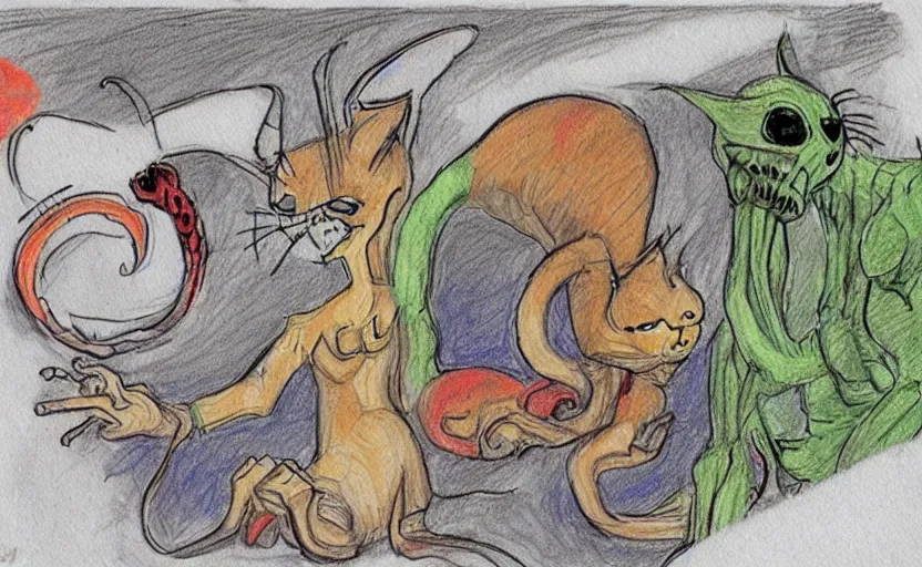 Image similar to a deep funny and gross comic by bill plympton about cats and xenomorphs, crayon, multicolor sketch