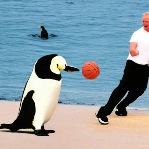 Prompt: Borris Johnson playing basketball with a penguin, hyperdetailed, 4k, best photo