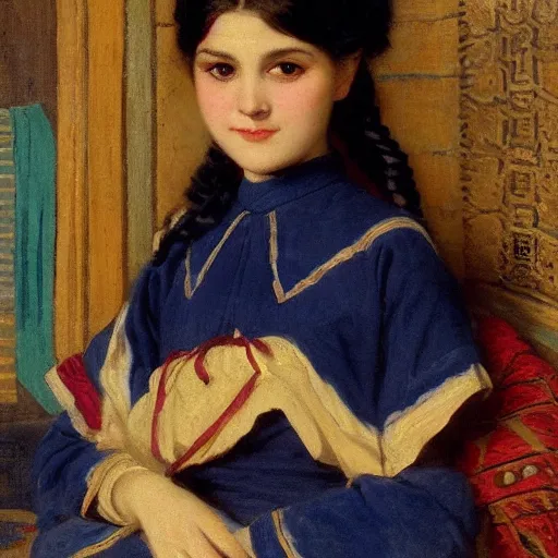 Image similar to orientalism portrait of a cute young woman with twin tails in maid uniform by Edwin Longsden Long and Theodore Ralli and Nasreddine Dinet and Adam Styk masterful intricate artwork