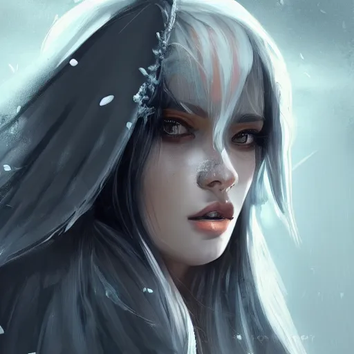 Image similar to beautiful girl, portrait, ice magic, long face, sharp features, black hair, dark robe, sharp focus, intricate, elegant, highly detailed, cgsociety, trending on artstation, dnd, castle background, warm light, concept art, illustration