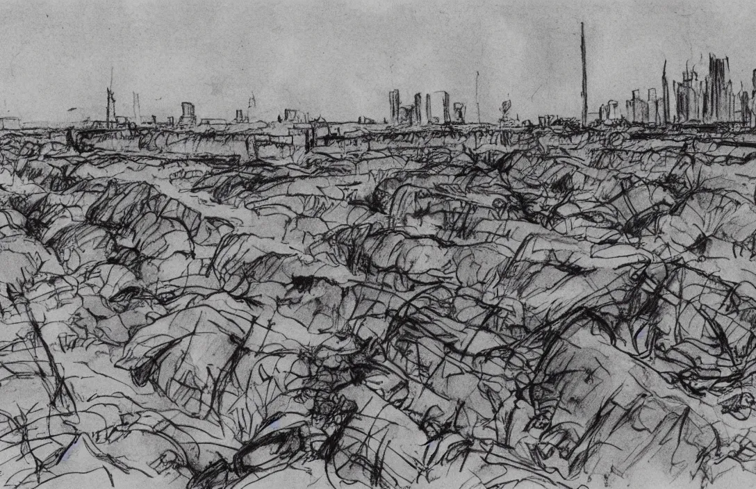 Image similar to milt kahl sketch of world war 1 trenches with the city of miami in the background