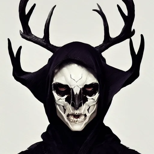 Image similar to portrait of a character wearing a black cloak, with a white mask in the shape of a deer skull, the mask covers her entire face, there are no antlers, dramatic lighting, illustration by Greg rutkowski, yoji shinkawa, 4k, digital art, concept art, trending on artstation