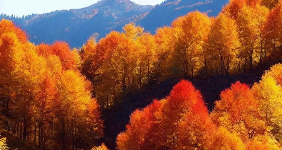 Image similar to (((((a gorgeous hillside in the autumn, trees, mountains))))) by Sylvain Sarrailh!!!!!!!!!!!!!!!!!!!!!!!!!!!