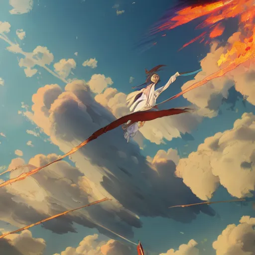 Image similar to Flight of the Icarus of the Flaming Wing, Anine style detailed, 4k hd, artstation, digital illustration by Makoto shinkai and Studio Ghibli, Kyoto Animation, featured on pixiv