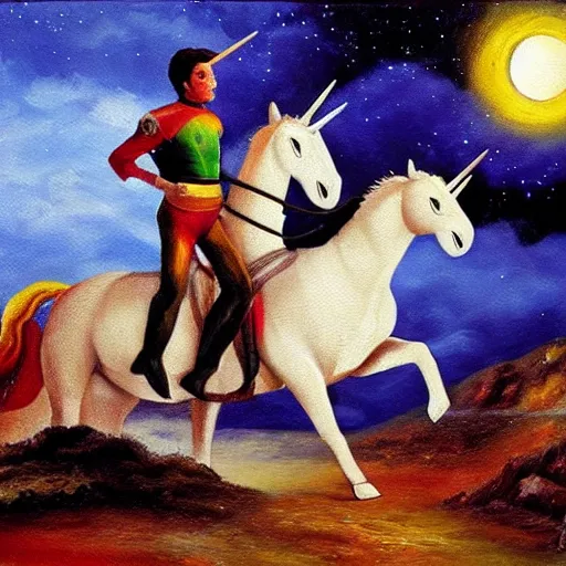 Prompt: wesley crusher riding a unicorn into battle impressionist oil painting fantasy 1 5