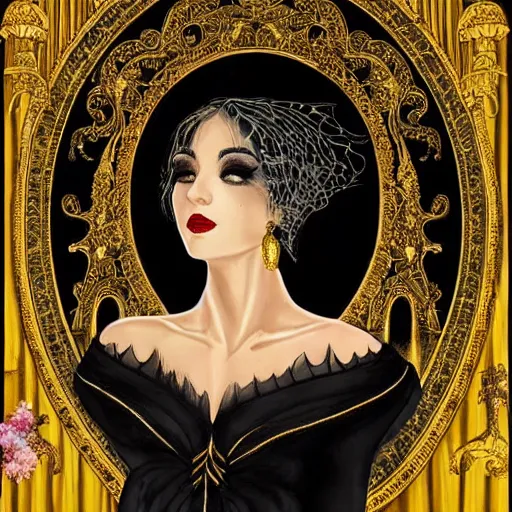Image similar to a girl with short hair, dressed in a black gauze with golden scales on her clothes, a palace in the background, beautiful bust illustrations, top lighting, highly detailed, perfect shadows, soft paintings, the art of mel milton
