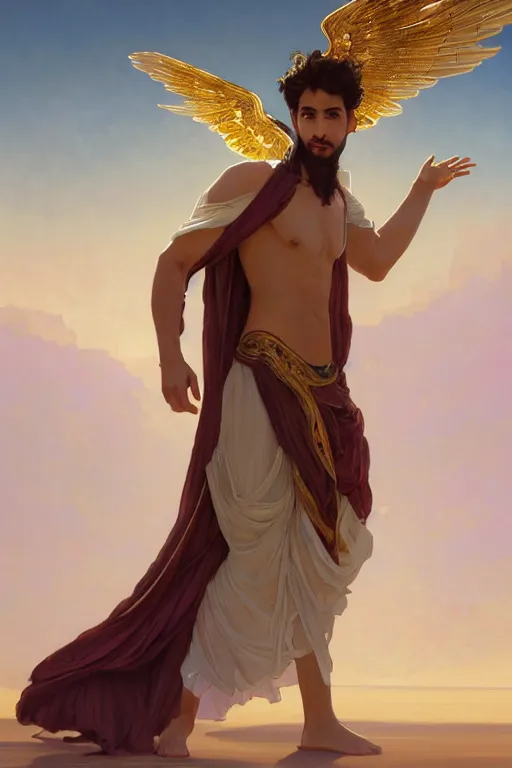 Prompt: full figure beautiful young fit arabic man, dressed with multicolored fluent clothes, majestic wings, luminous scene, by greg rutkowski and alphonse mucha, d & d character, gradient white to gold, in front of a dune desert background, highly detailed portrait, digital painting, artstation, concept art, smooth, sharp focus illustration, artstation hq