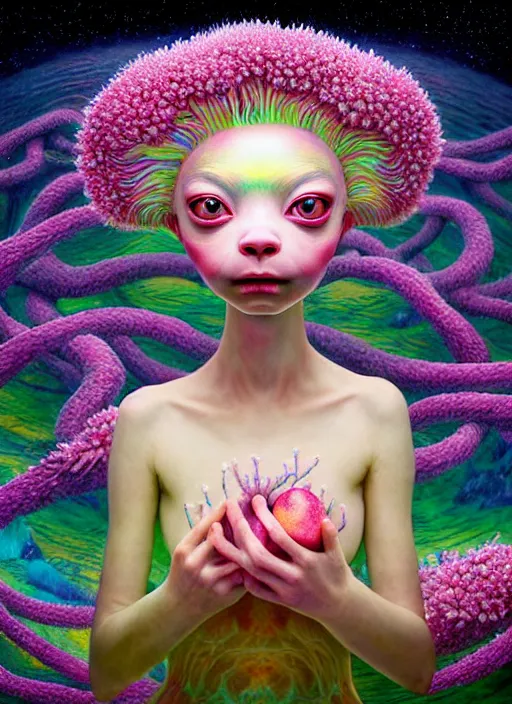 Image similar to hyper detailed 3d render like a Oil painting - kawaii portrait Aurora (a skeksi from dark crystal that looks slightly like an evil Anya Taylor-Joy) seen Eating of the Strangling network of yellowcake aerochrome and milky Fruit and His delicate Hands hold of gossamer polyp blossoms bring iridescent fungal flowers whose spores black the foolish stars by Jacek Yerka, Ilya Kuvshinov, Mariusz Lewandowski, Houdini algorithmic generative render, Abstract brush strokes, Masterpiece, Edward Hopper and James Gilleard, Zdzislaw Beksinski, Mark Ryden, Wolfgang Lettl, hints of Yayoi Kasuma, octane render, 8k