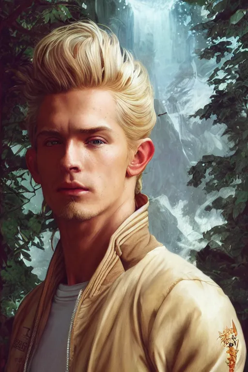 Prompt: portrait of a blonde herculian man in a bomber - jacket, flowing hair, forest, full body, muscular, fantasy, intricate, elegant, highly detailed, digital painting, artstation, concept art, sharp focus, illustration, art by artgerm and greg rutkowski and alphonse mucha