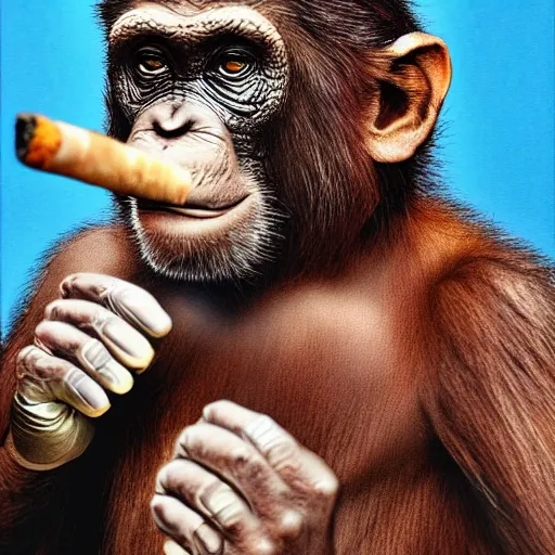 Image similar to a high detail photo of donald trump smoking a cigarrette, subject= chimp, subject detail: extremly detailed, subject action: smoking a cigar, photorealism, dramatic lighting, award winning photograph, trending on artstation