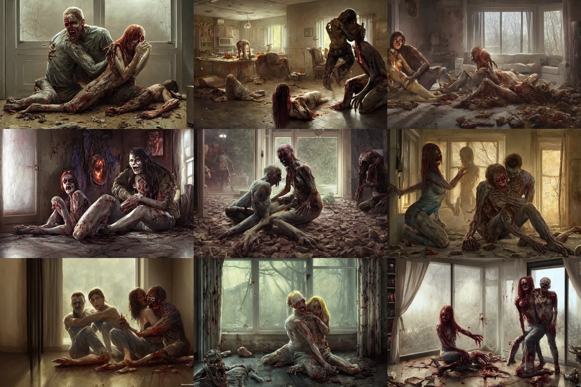 Prompt: zombie man sitting on the floor while devouring a woman, hugging each other in living room of a modern house | panoramic view | highly detailed | cinematic lighting | award - winning | painted by donato giancola and mandy jurgens and rossdraws and magali villeneuve | featured on artstation